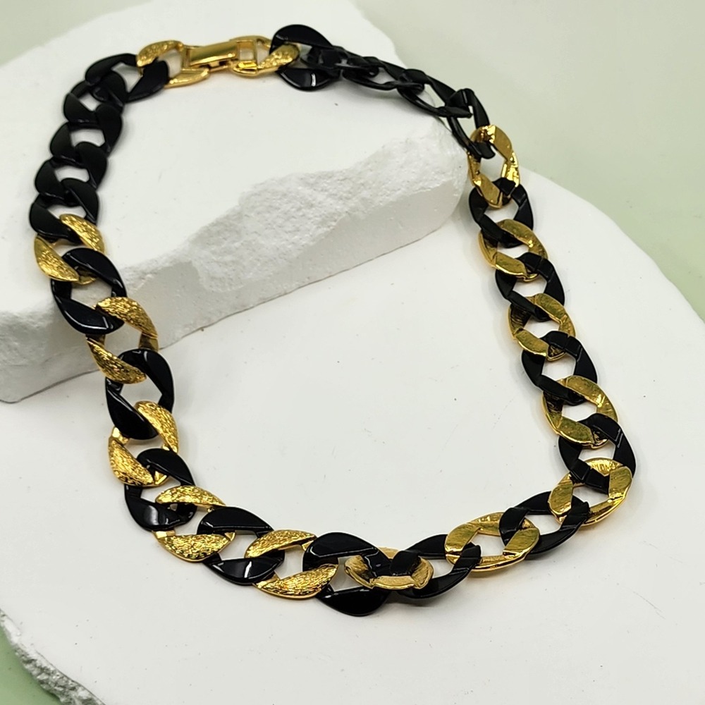 Napier Black Gold Tone Chunky Curb Link Necklace Statement Costume VTG Jewelry